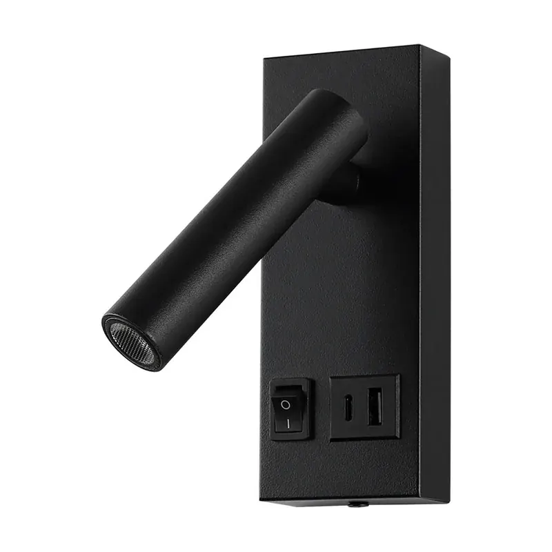 Luminaria LED pared lectura con puertos USB aluminio negro mate interior IP20 2W 140LM blanco cálido 3000K