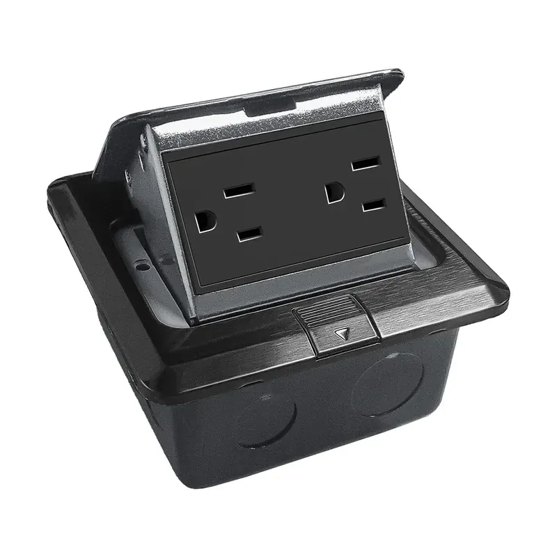 Placa de piso negra contacto duplex caja empotrable pop up 127/250VCA acero inoxidable 15A IP54