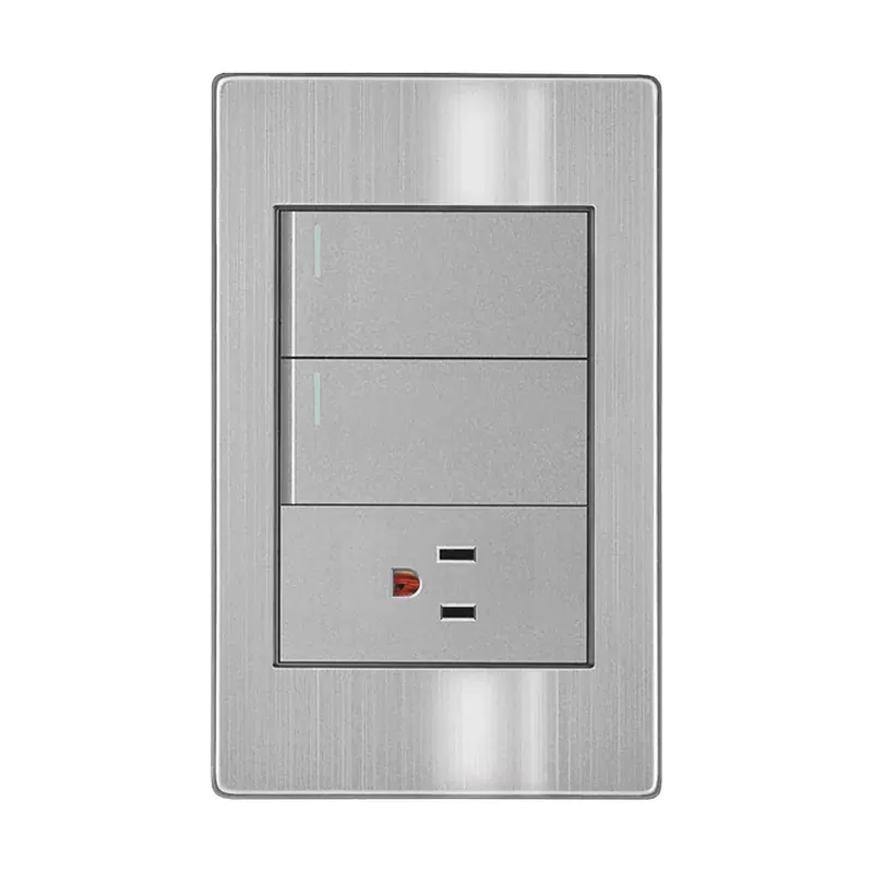 Placa gris contacto sencillo y apagador de 2 interruptores 3 vias 127/250VCA acero inoxidable 77X124MM