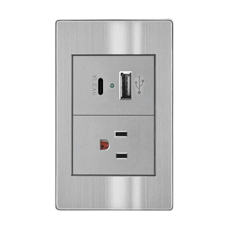 Placa gris contacto sencillo 127/250VCA y convertidor de voltaje doble USB (tipo a y c) 5VCD 2.1A acero inoxidable 77X124MM