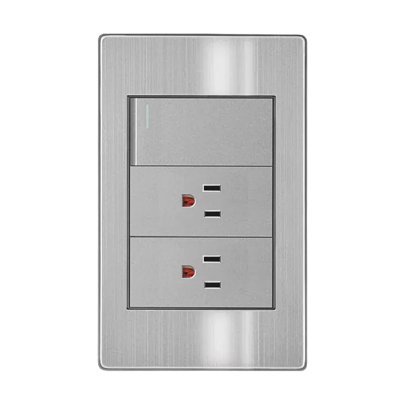Placa gris dos contactos y un apagador de 3 vías acero inoxidable 77X124MM
