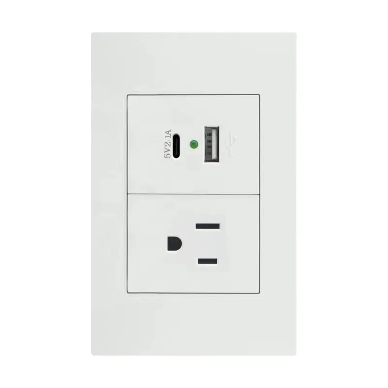 Placa blanca contacto sencillo 127/250VCA y convertidor de voltaje doble USB (tipo a y c) 5VCD 2.1A policarbonato 75X118MM
