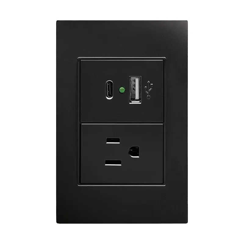 Placa negra contacto sencillo 127/250VCA y convertidor de voltaje doble USB (tipo a y c) 5VCD 2.1A 77X124MM