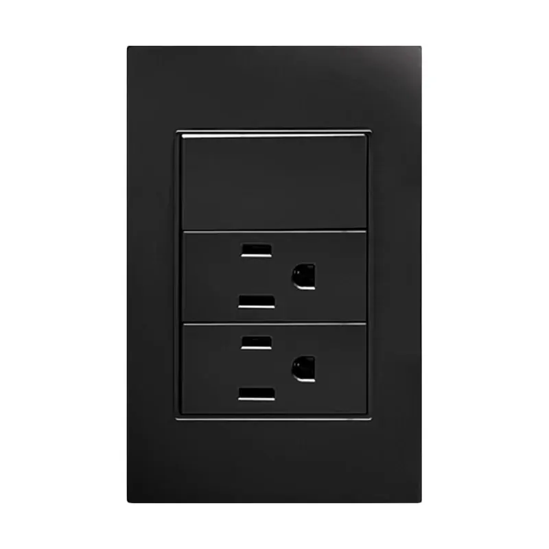 Placa negra dos contactos y un apagador de 3 vías policarbonato 77X124MM