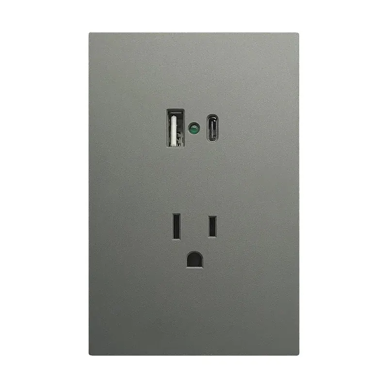 Placa gris oxford luxury contacto sencillo 127/250VCA y convertidor de voltaje doble USB (tipo a y c) 5VCD 2.1A plástico ABS 74X112MM skin feel