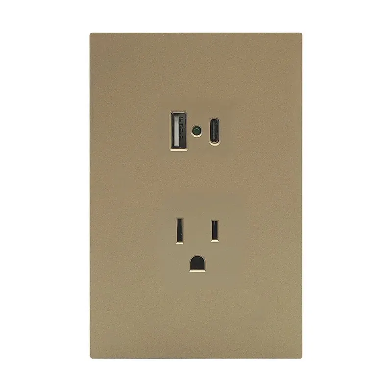 Placa dorada luxury contacto sencillo 127/250VCA y convertidor de voltaje doble USB (tipo a y c) 5VCD 2.1A plástico ABS 74X112MM skin feel