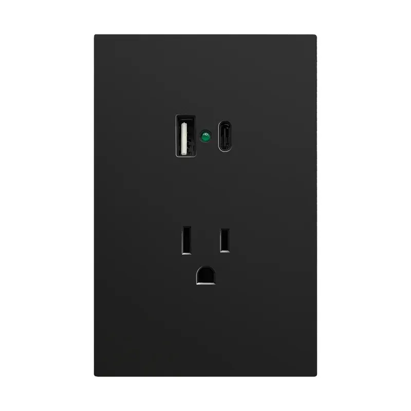 Placa negro mate luxury contacto sencillo 127/250VCA y convertidor de voltaje doble USB (tipo a y c) 5VCD 2.1A plástico ABS 74X117MM skin feel