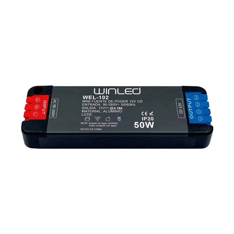 Mini fuente de poder 50W 107x34x15mm 12VCD 5.4A IP20 interior