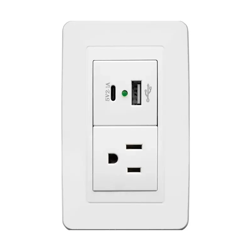 Placa blanca contacto sencillo 127/250VCA y convertidor de voltaje doble USB 5VCD 2.1A ABS